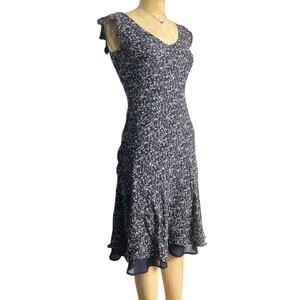 VTG Anne Klein Dress Sz 2P Blue Floral 100% Silk Lined Long Short Sleeve Y2K 90s